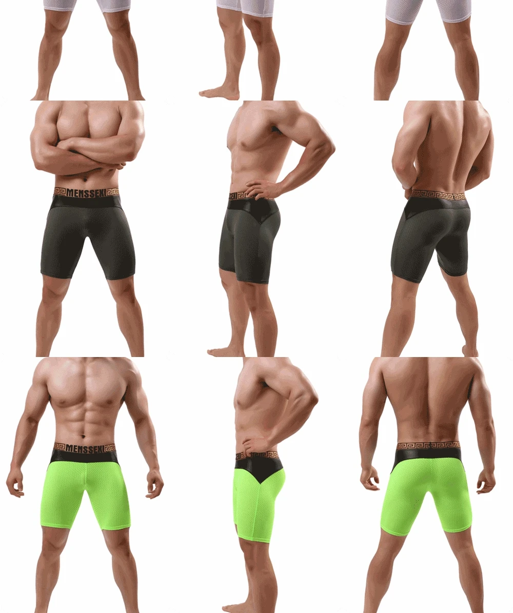 MENSSEXI, высококачественное Брендовое Спортивное длинное нижнее белье, мужское обтягивающее Сетчатое нижнее белье, боксеры, шорты из нейлона, искусственная кожа, модные сексуальные дышащие 887
