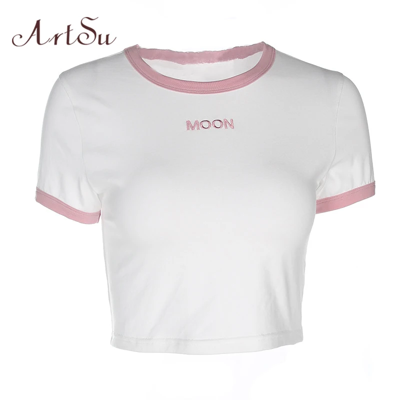 Арцу 2019 Летняя мода с вышивкой надписями короткий рукав Милая футболка Для