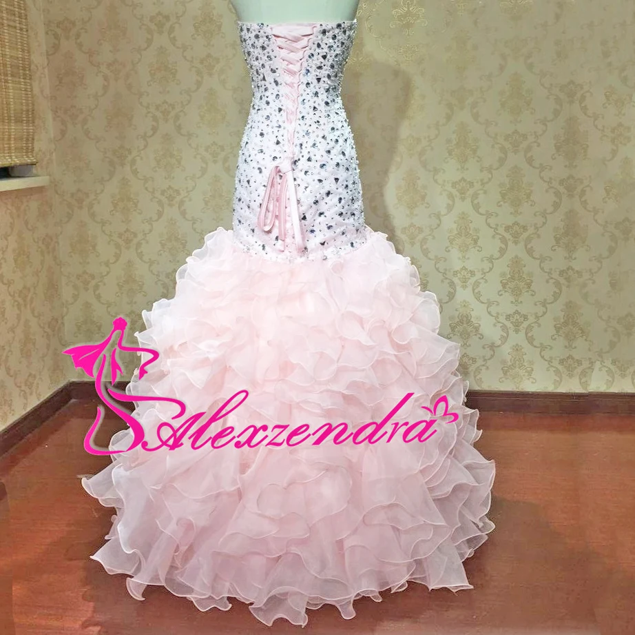 Alexzendra Pink Ruffles Mermaid Long Prom Dresses Crystals Bodice Lace Up Back Party Dresses Vestidos De Novia Evening Dress