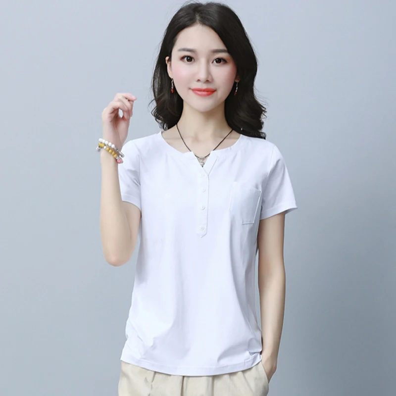 

Summer New Cotton Women T-Shirt Casual Large size Short sleeve Tops Tees temperament V-Neck Pockets Tops women