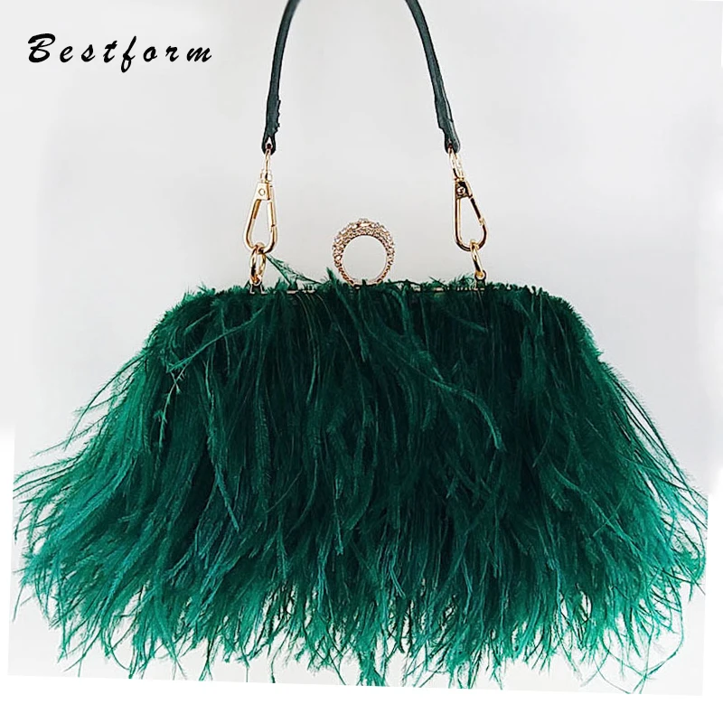 Роскошные сумки женские дизайнерские страусиные перья с бриллиантами кольца на