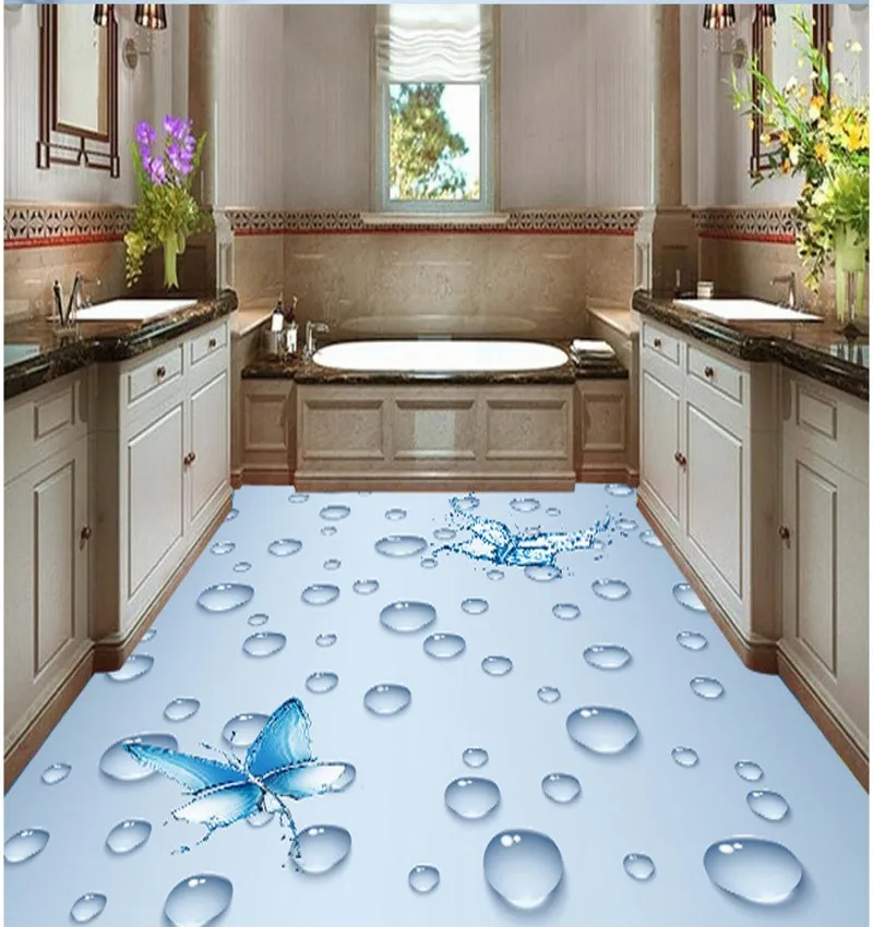 

Free Shipping abstract butterfly fresh water drop 3D flooring wallpaper living room bedroom self-adhesive floor painting mural