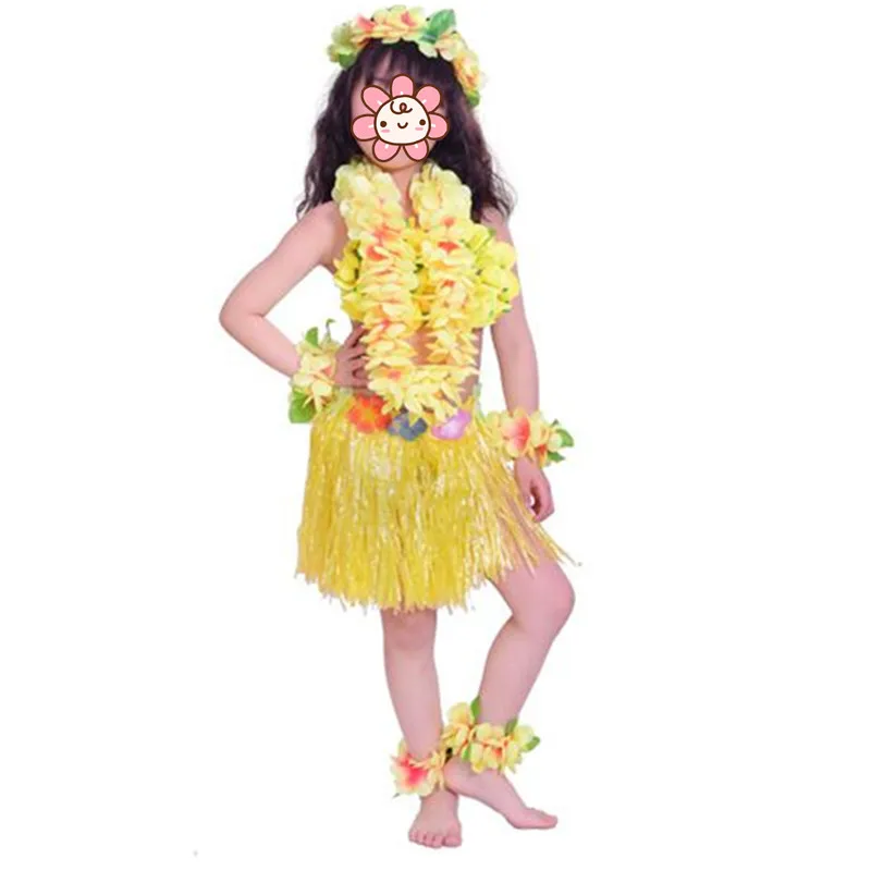 8pcs set yellow Hawaii Flower Lei, повязка на голову, ожерелье с гирляндой хула, повязка на ногу, юбка с травой, бюстгальтер, детский летний праздничный костюм для девочек - Цвет: 8pcs set yellow