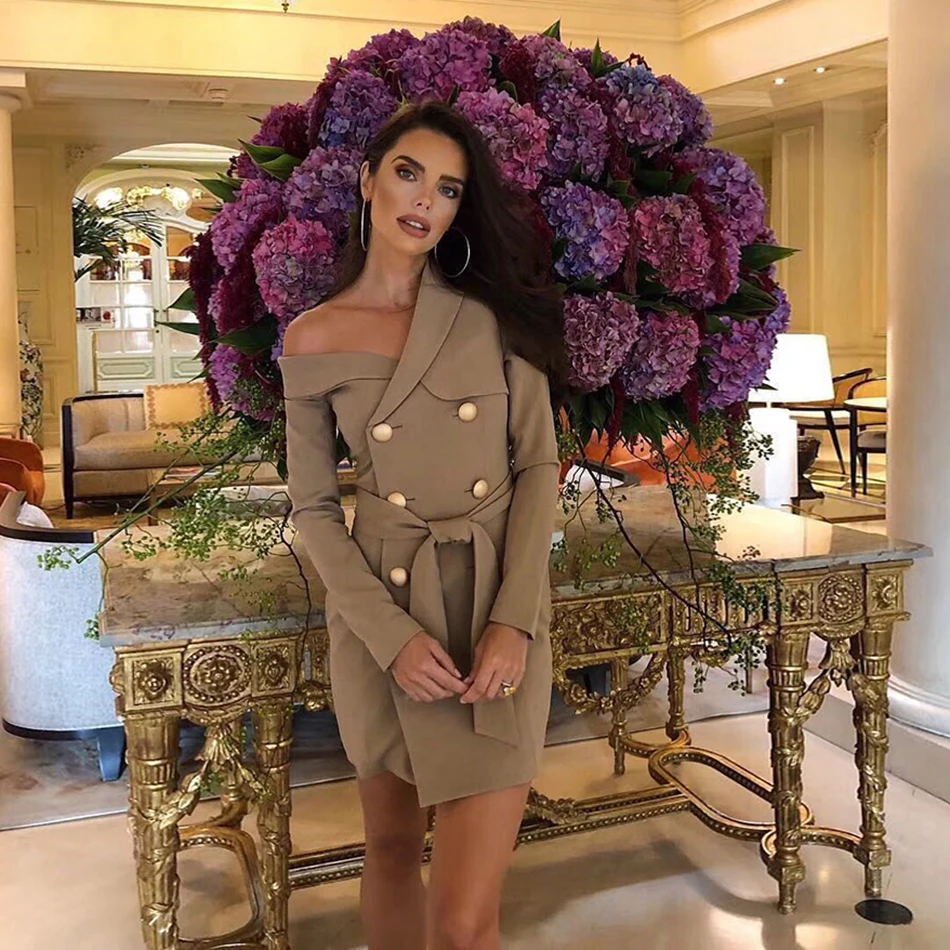 New fashion women's senior sleeve v-neck runway party dress Vestidos Bodycon jacket gold button winter sexy dress