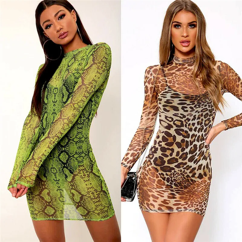 

Sexy Women Snake Skin Leopard Print Dress Cover Ups See Through Sheer Dress Long Sleeve Party Clubwear Mini Dresses Sundress New