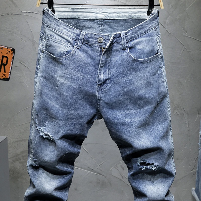 2019 Для мужчин джинсы Slim Fit Light Blue Эластичный выдалбливают разорвал ноги Jogger Брюки