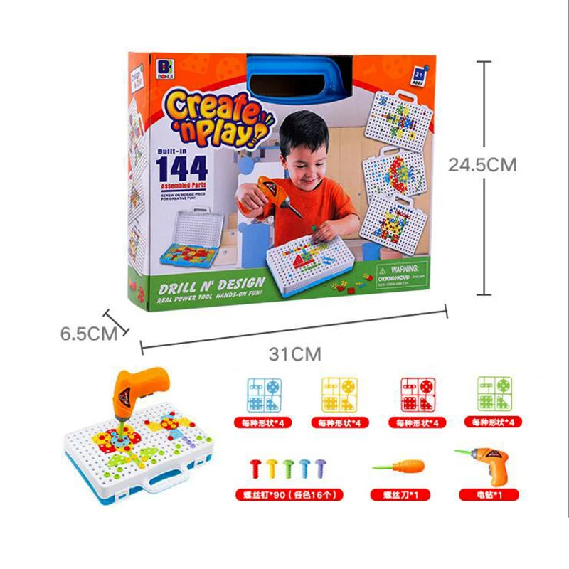 144pcs/lot Children Electric Drill Nut Toy Drills Screws Assembly Puzzle Blocks Toys Early Education Classic Boys Gifts | Игрушки и