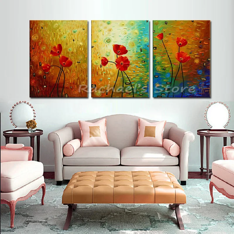 Ручная роспись холст 3 штуки Мак картина маслом на стену современная с цветами