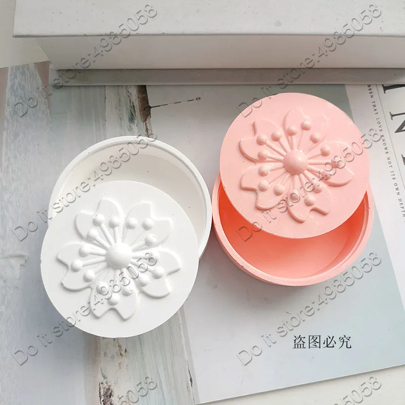 Round Jewelry Box Plaster Gypsum Silicone Mold Sakura Flower Storage Box Concrete Molds Cement Clay Craft Mould