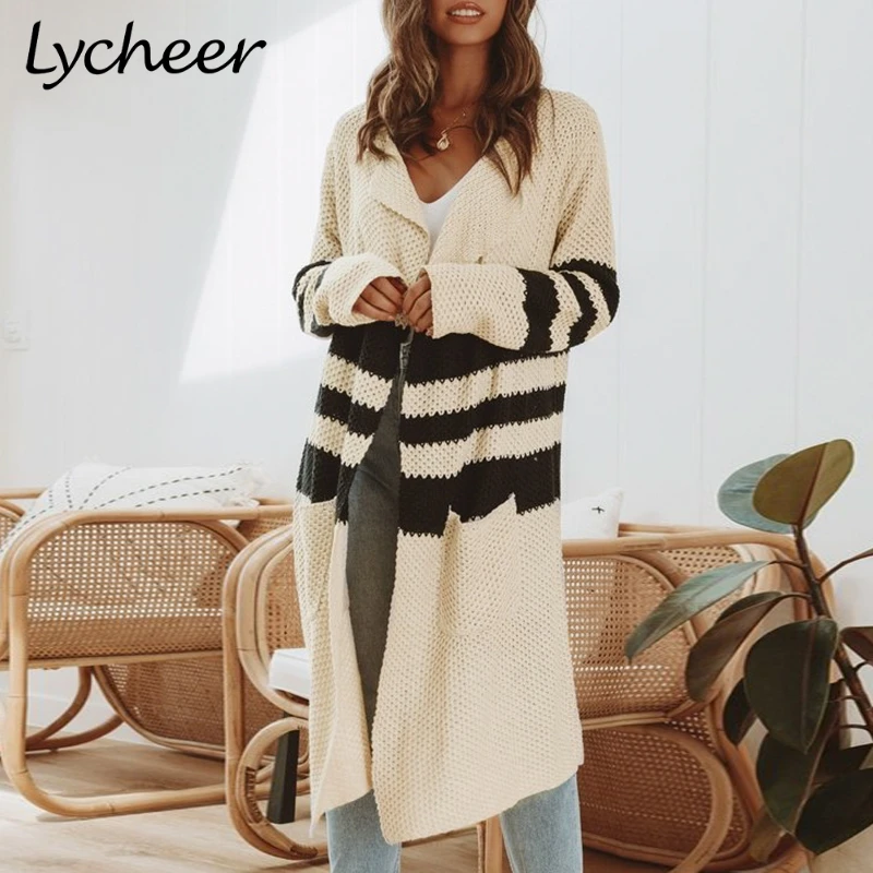 Женский вязаный кардиган в полоску Lycheer повседневный длинный свободного кроя