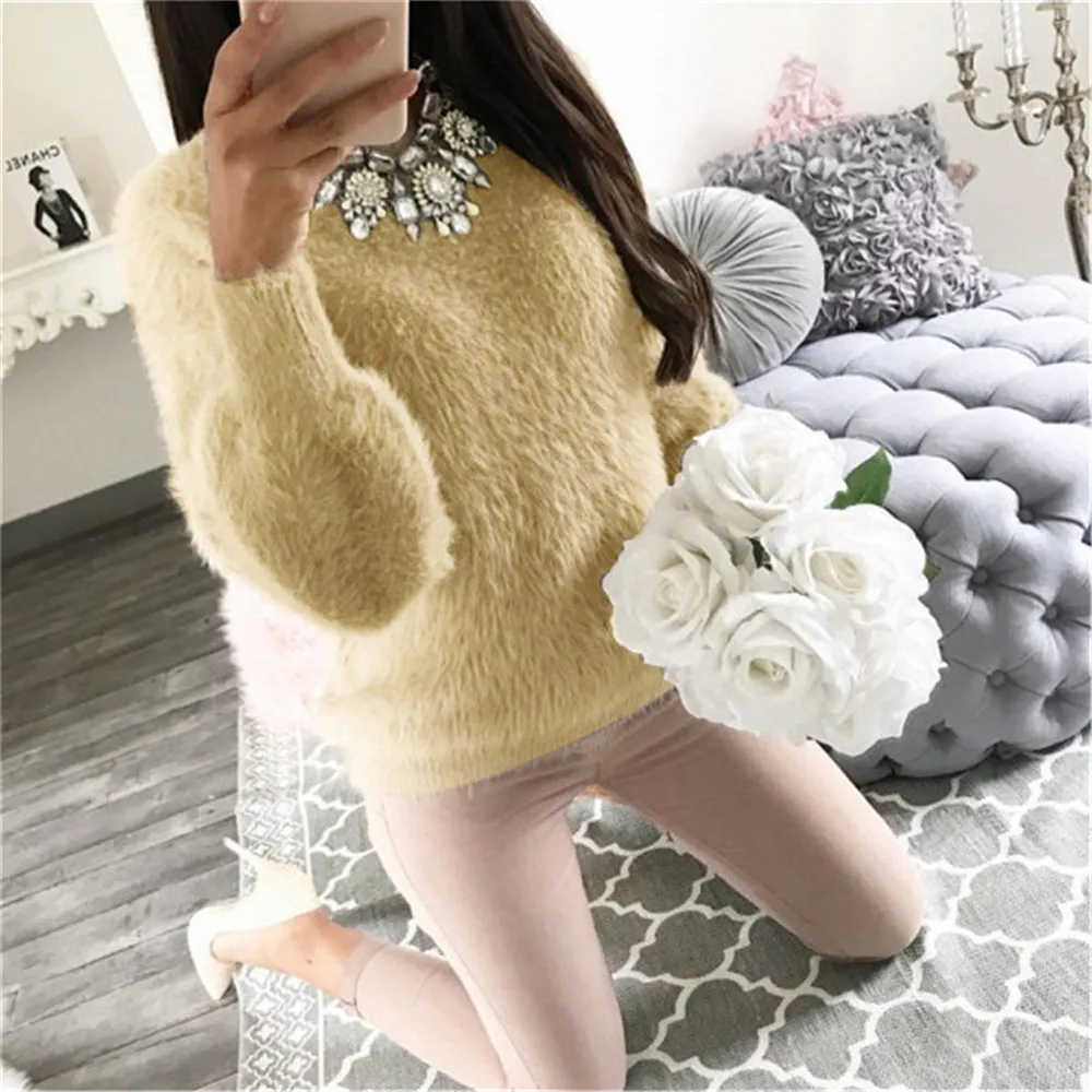 2019 Women Winter Knitting Christmas Sweaters Loose Casual Pull Femme Solid Pullover Streetwear Faux Fur Female Knitted Sweater | Женская