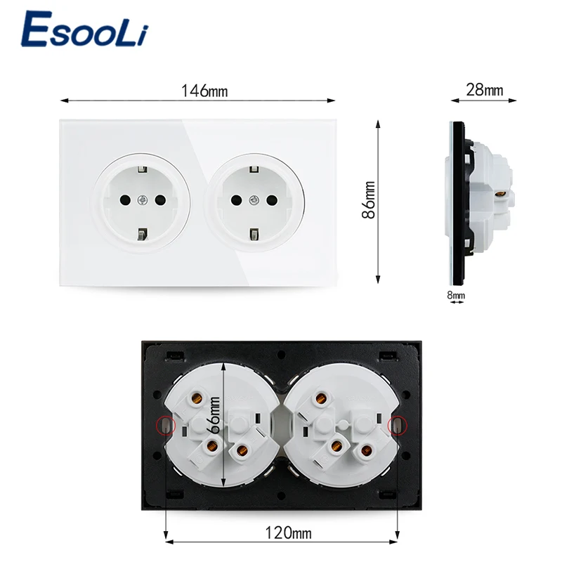 Роскошная черная алюминиевая панель Esooli 16 А двойная настенная розетка