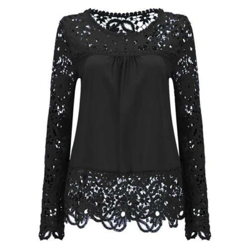 Женская блузка большого размера шифоновая кружевная рубашка с длинным рукавом