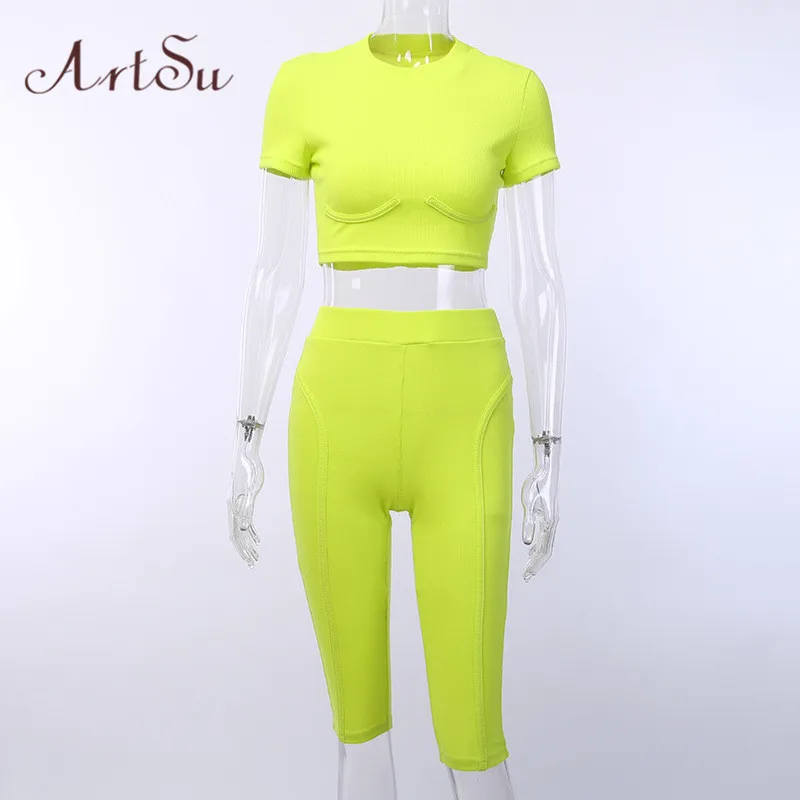 Artsu неоновый зеленый комплект из двух предметов Женский 2 облегающий укороченный