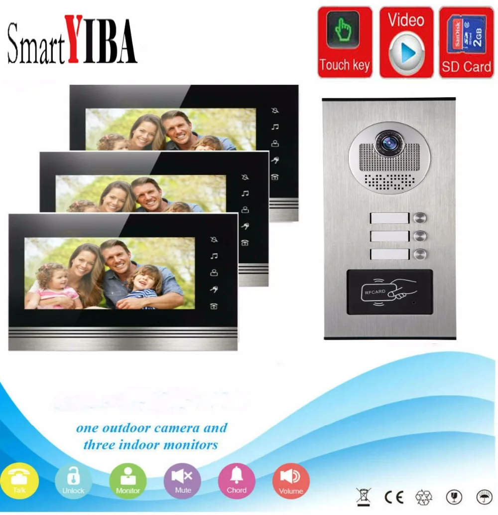 SmartYIBA 7&quotInch Monitor Video Intercom Door Phone KIT RFID Access Doorbell Camera With SD Card Recording For 3 Apartment |