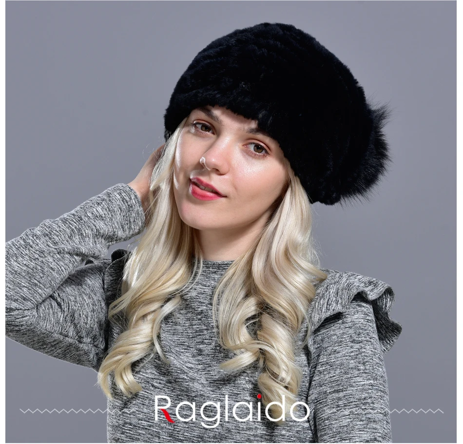 Raglaido помпоном меховые шапки для женщин вязаная шапка из кроличий мех шапочки Твердые упругие кролика рекс шапки зимняя шапка Skullies LQ11220