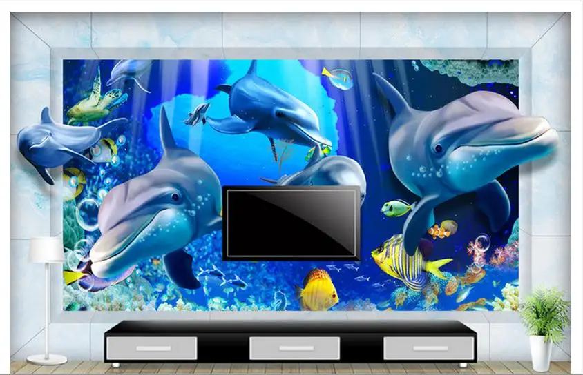 

3D wallpaper custom murai non-woven wallpaper Creative Marine dolphins living room TV setting wall in the world home decoration