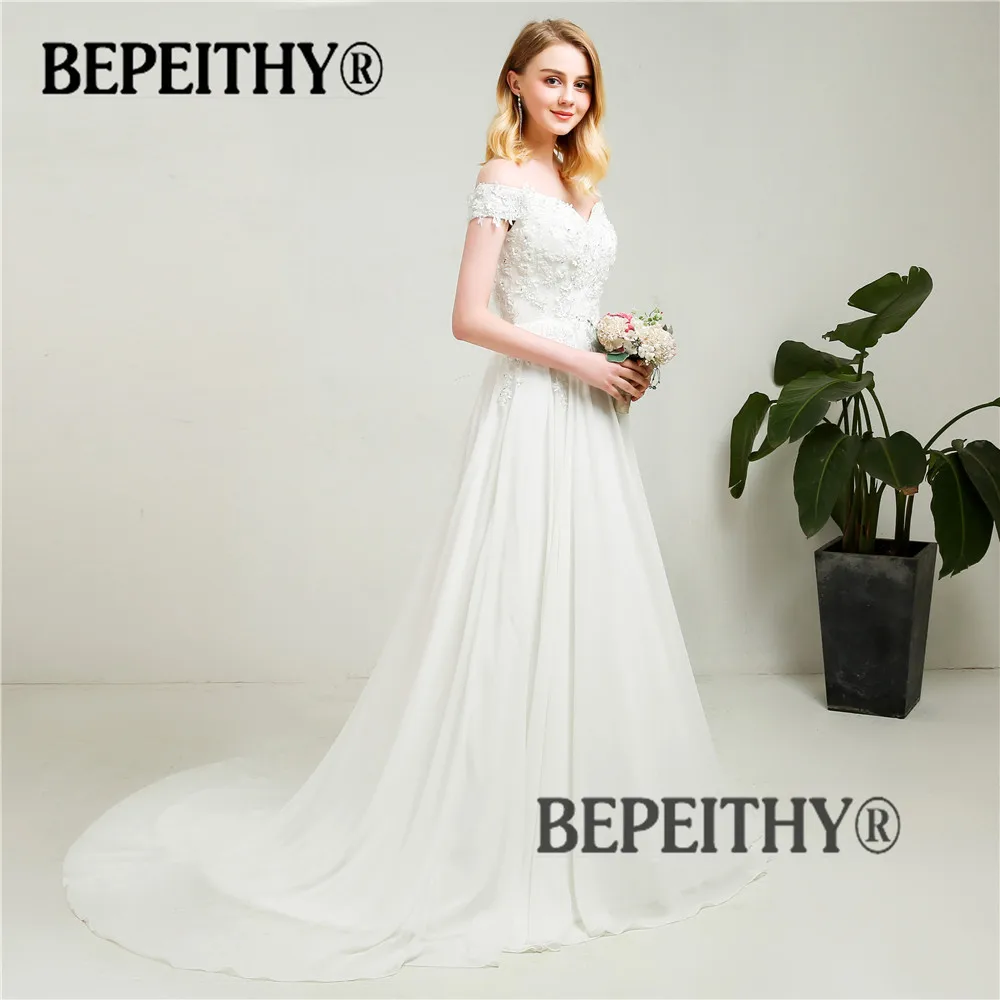 BEPEITHY Новое поступление свадебное платье цветочный топ с открытыми плечами сексуальные пляжные свадебные платья со шлейфом Vestido De Novia
