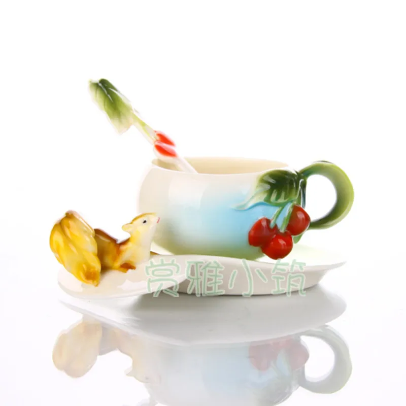 3D кофейные чашки в виде белки с блюдцем и ложкой цветная эмалированная