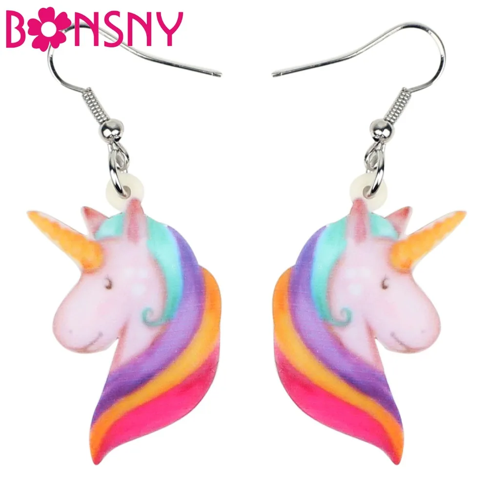 Bonsny акриловые Мультяшные цветочные серьги в виде головы единорога Висячие