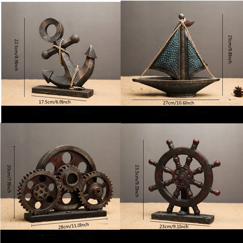 

VILEAD Multiple Styles Resin Anchor Rudder Gearwheel Sailboat Figurines Creative Europe Mediterranean Home Decor Miniatures Gift