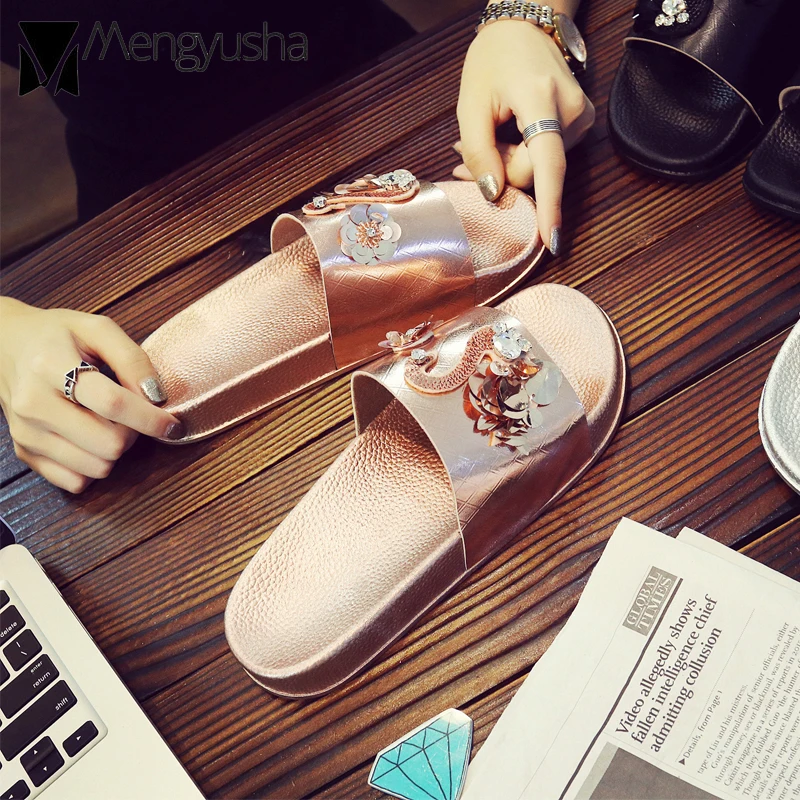 Сандалии pantufa женские с цветочным принтом пляжные шлепанцы блестками гладиаторы