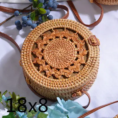 Ручные тканые сумки, круглая сумка с пряжкой, соломенные сумки из ротанга, ранец, Пляжная круглая сумка в богемном стиле - Цвет: loukongpiikou18x8cm