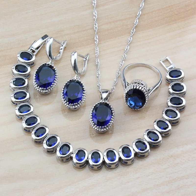 Молодые Свадебные аксессуары овальный синий кубический цирконий 925 серебро 4 шт. комплекты украшений для женщин костюм Handsel независимых подарочная коробка