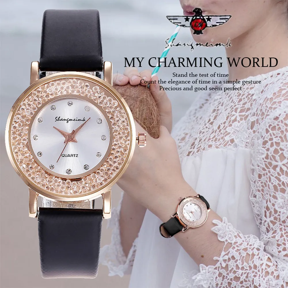 2018 женские кожаные часы с бриллиантами Женские наручные из нержавеющей стали