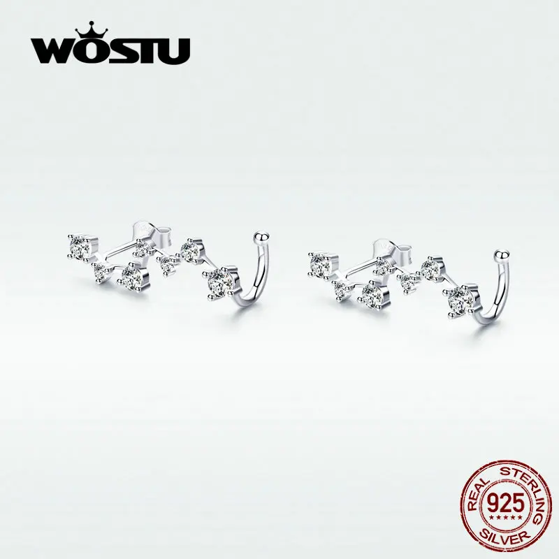 WOSTU 100% настоящие 925 пробы серебряные серьги-гвоздики Новые Прозрачные Серьги с 7