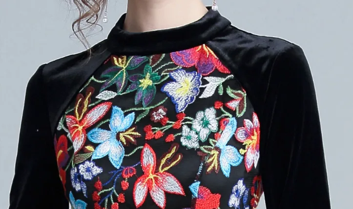 Винтажное черное бархатное лоскутное платье с цветочной вышивкой женское