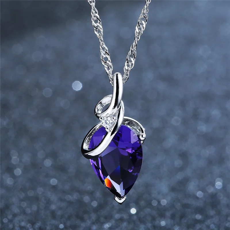 New Design AAA Austrian Cubic Pendant Necklace on Silver Color Purple Zircon Water Drop for Women Fashion Jewelry | Украшения и