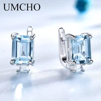umcho solid real 925 sterling silver jewelry gemstone created sky blue topaz clip earrings for women wedding gifts fine earrings