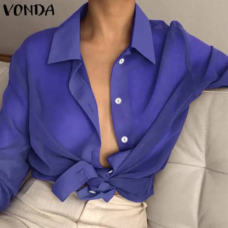 VONDA, весенне-летняя пляжная одежда, женская сексуальная блуза с отворотом, с длинным рукавом, прозрачная, прозрачная, топ, Офисная рубашка, туника