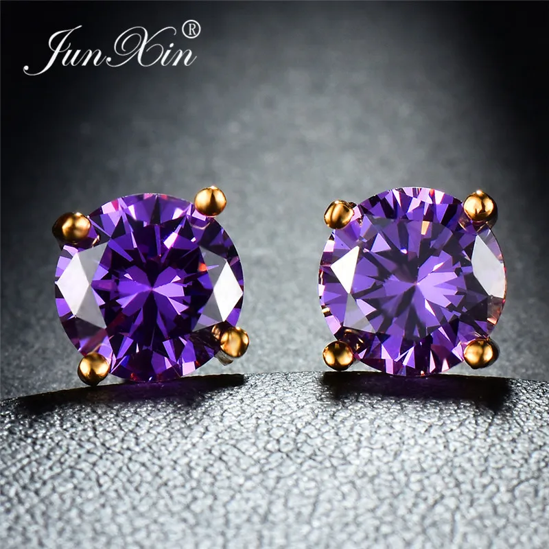 JUNXIN Mystic Multicolor Zircon Round Stud Earrings For Women Yellow Gold Filled Purple Green Blue Stone Wedding Female | Украшения и