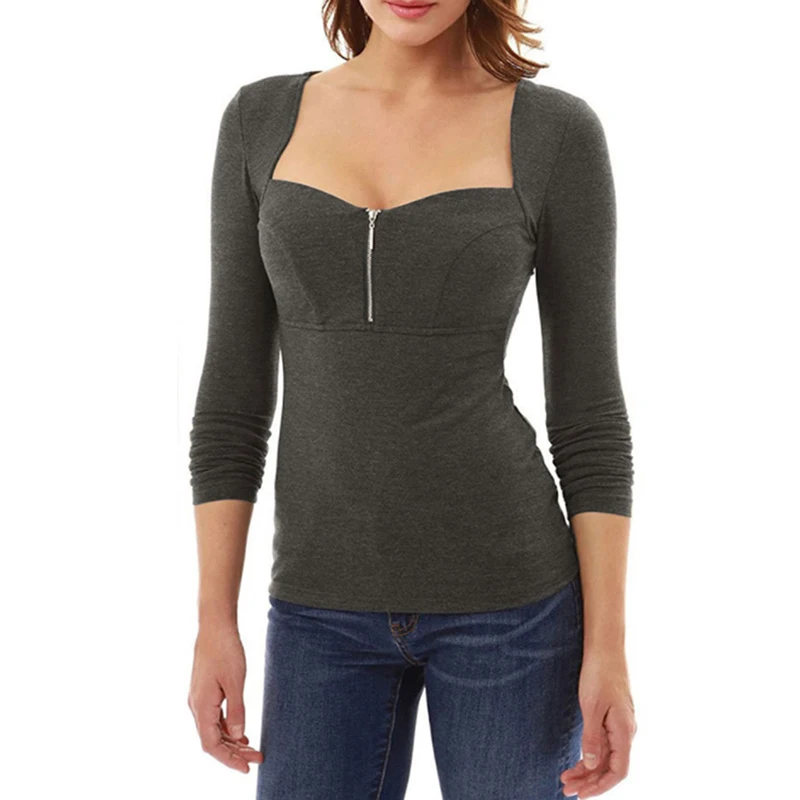 Fashion Women Zippers Tee Shirt Sexy Summer Autumn Slim Blusa Long Sleeve Square CollarTops Womens Tops And Blouses |