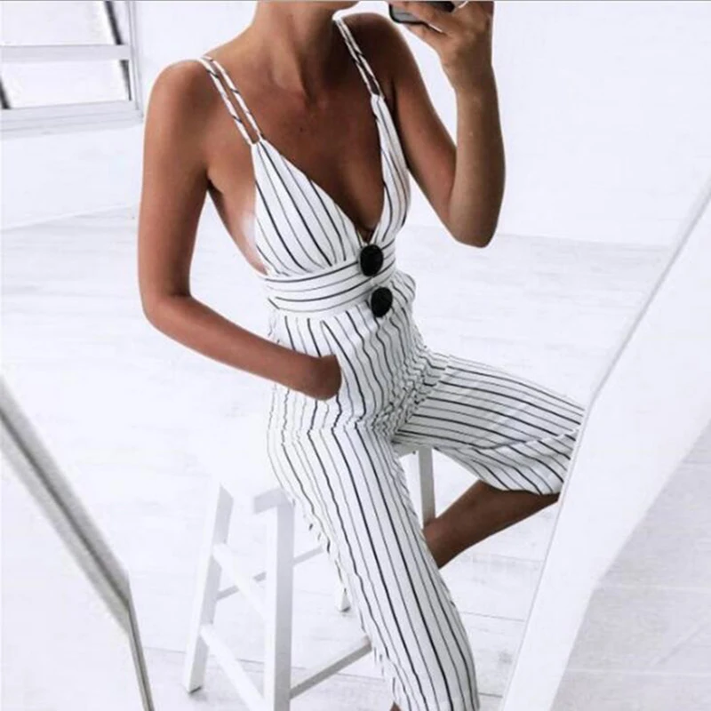 Женский комбинезон в полоску без рукавов с открытой спиной | Женская одежда