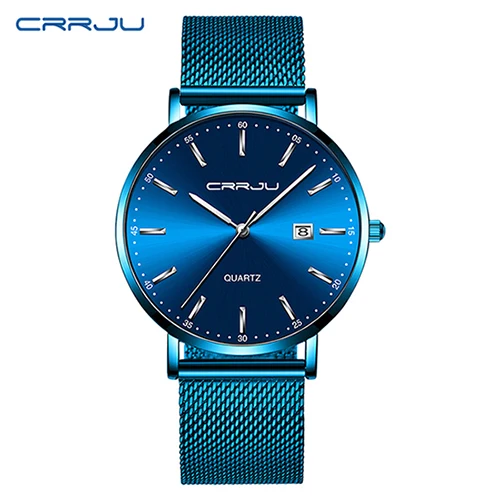 blue silver CRRJU Классический Бизнес розовый сетчатый ремень Стильные кварцевые часы мужские водонепроницаемые Дата Relogio Masculino Прямая поставка 2161 синий циферблат - Цвет: blue silver