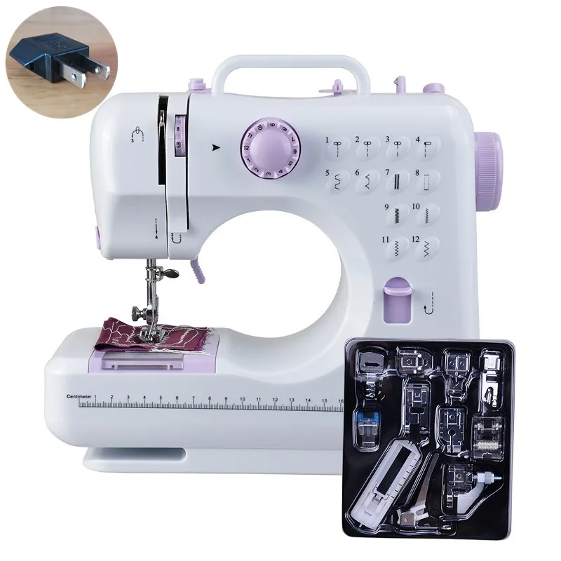 SET2 US plug Fanghua мини швейная обучающая машина FHSM505 Бытовая 12 стежков многофункциональная двойная скорость крафтинг машина для починки - Цвет: SET2 US plug