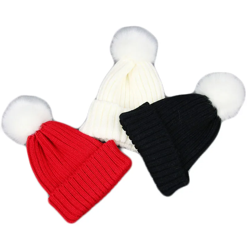 New Autumn Winter Crochet Children Hats Fur Pom Pom Ball Hat Kids Knit Beanie Hats Girl Boy Wool Cap Baby Toddler Beanies Caps