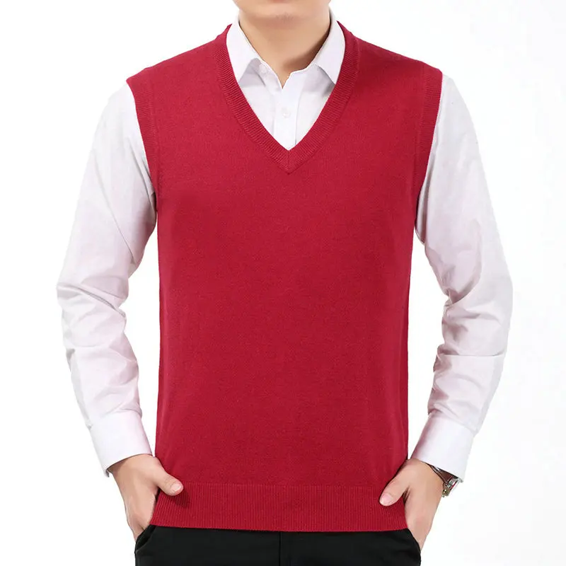 Spring Autumn Men Kintted Vest Woollen Blends Waist Coat Man Casual V-neck Vests Male Sleeveless Weskit Plain Textured Gilet | Мужская