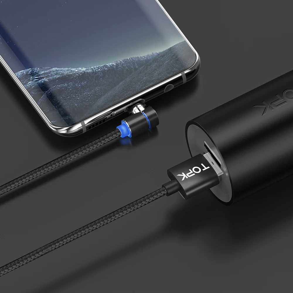TOPK 1 м и 2 м 90 градусов L Тип Магнитный кабель usb Тип C нейлоновая оплетка светодиодный индикатор type-C кабель для USB C устройств для samsung