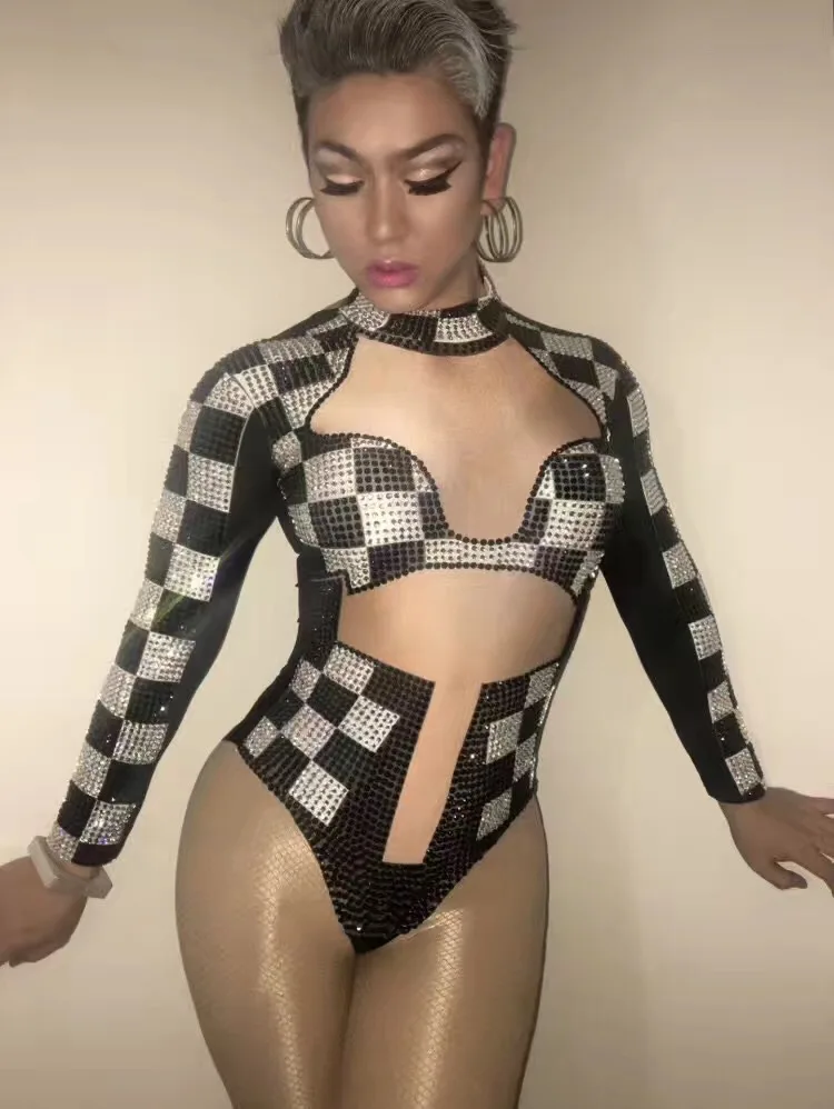 Women Sexy Printing Glisten Black White Lattice Bodysuit Party Prom Costumes Stage Wear Dance Nightclub Singer Rhinestone Outfit