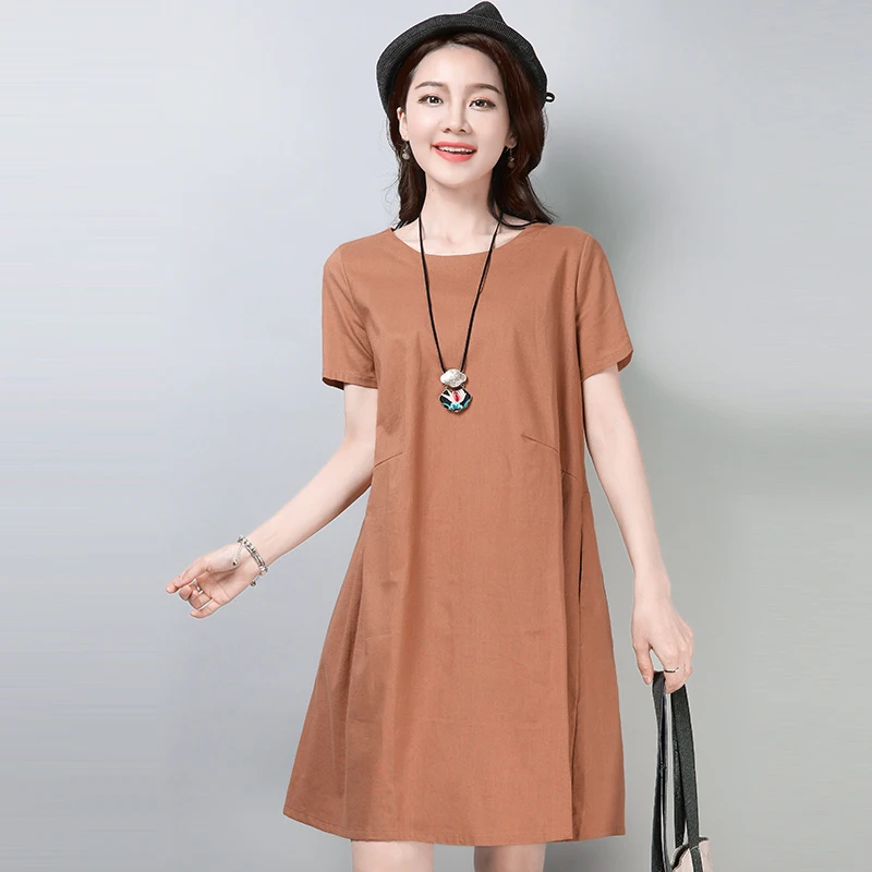 

2019 Retro Cotton Linen Loose leisure Dress Summer New Women Short Sleeves Loose Large Yards Fashion O Neck Solid Color Dress