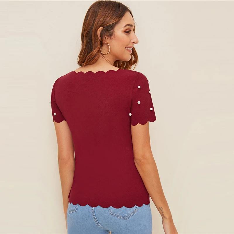 SHEIN модный топ, украшенный жемчугом, с фигурной отделкой,, однотонный, элегантный, облегающий, летний, короткий рукав, женская одежда, топы и блузки