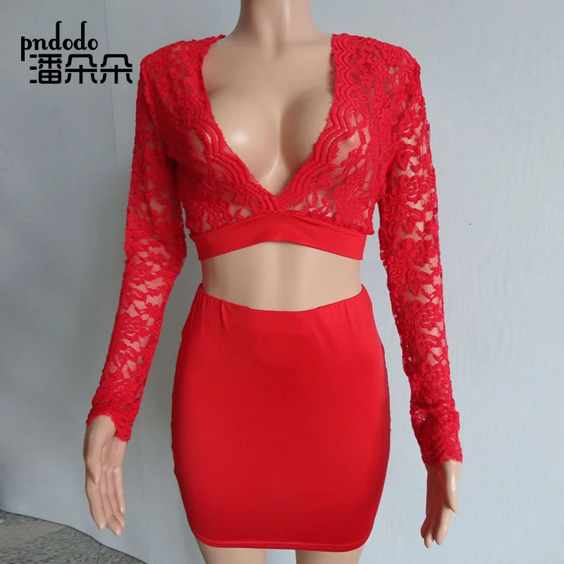 Pndodo Sexy Womens Two Piece Skirt Crop Top Long Sleeve See Through Mesh Lace Party Clubwear 2018 2 Set Bodycon Mini Dress | Женская