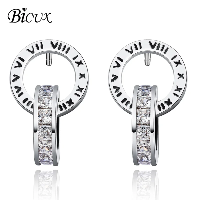 Silver BICUX, Модные Этнические геометрические серьги, розовое золото, римские цифры, Кристальные серьги-гвоздики для женщин, вечерние круглые серьги, ювелирное изделие - Окраска металла: Silver
