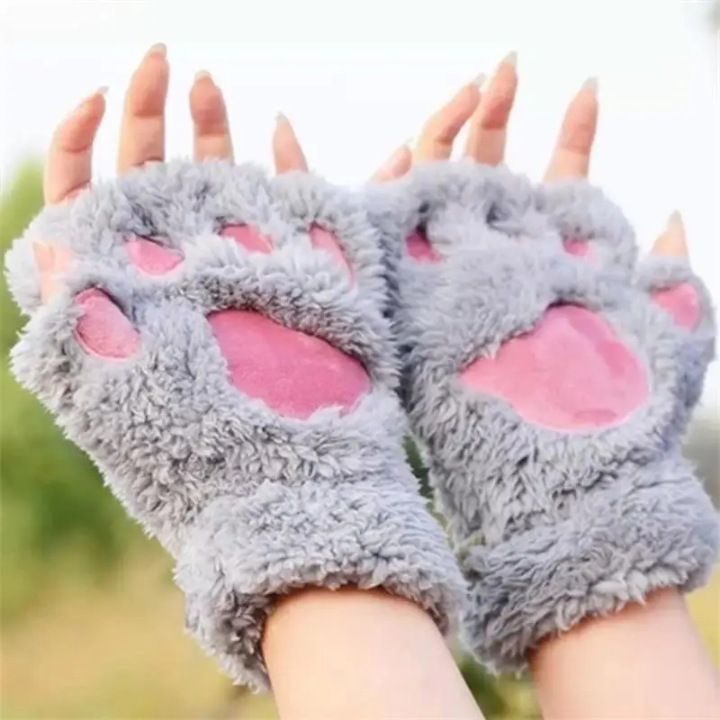 

Lovely Women Cat Claw Paw Mitten Plush Glove Costume Cute Winter Warm Half Finger Gloves Women Female Gloves Mitten PS-10