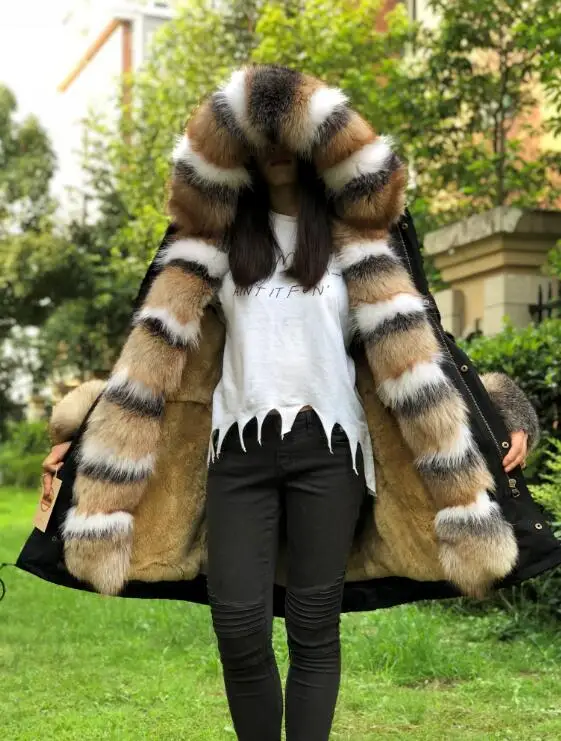 FLFP01 black-color4 Fandy lokar натуральное меховое пальто, отделенная подкладка, натуральный мех кролика Рекс, парка из натурального Лисьего меха, черная куртка, зимнее пальто, длинное меховое пальто для женщин - Цвет: FLFP01 black-color4