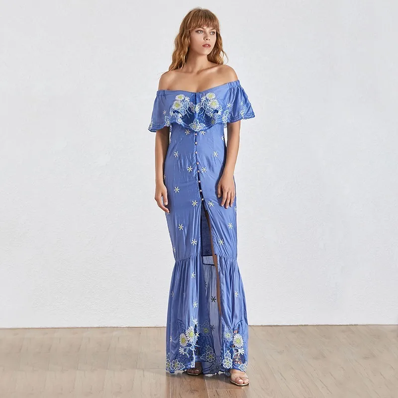 blue TWOTWINSTYLE, элегантное женское платье с вышивкой, с открытыми плечами, с вырезом лодочкой, с высокой талией, с разрезом, тонкое, для вечеринок, женское, летнее - Цвет: blue